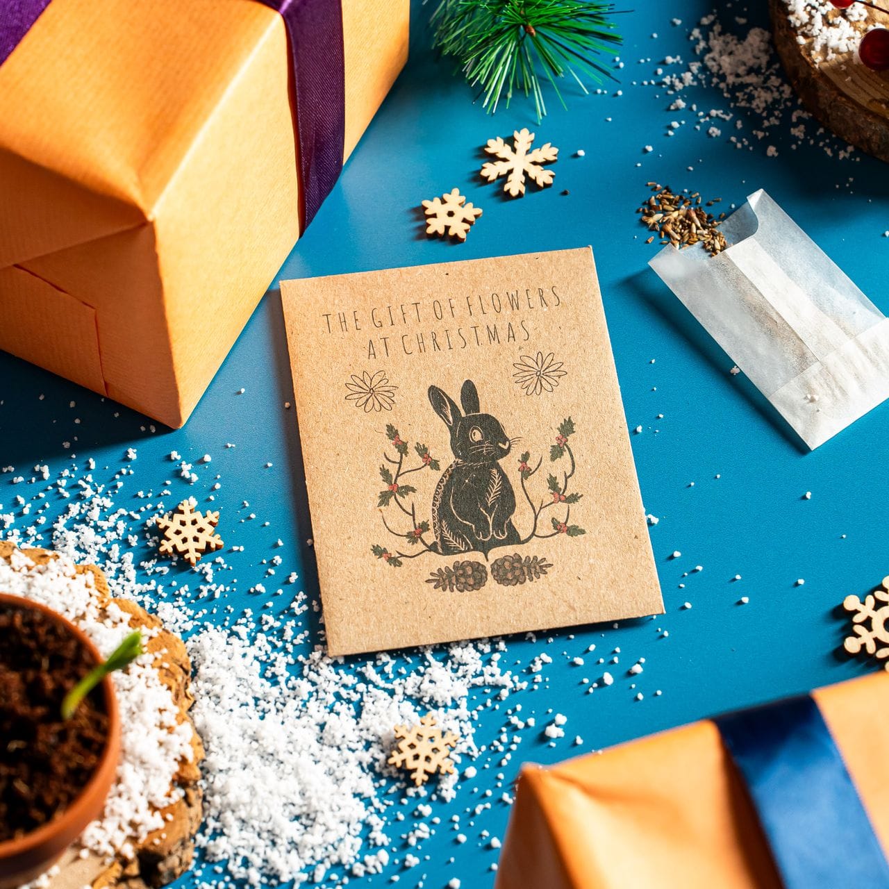 Seed packet Christmas card with a rabbit design on the front