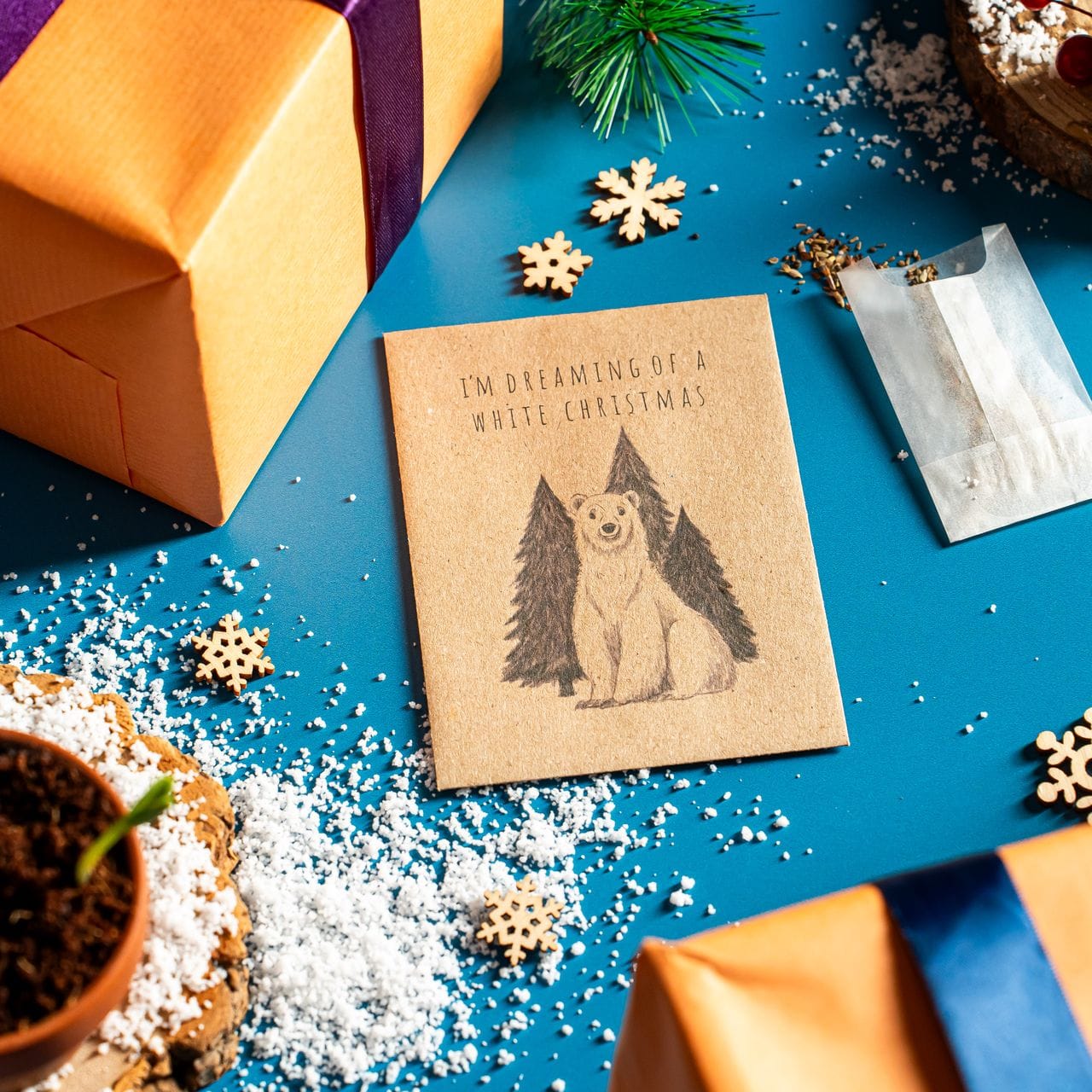 Seed packet Christmas card with a polar bear design on the front