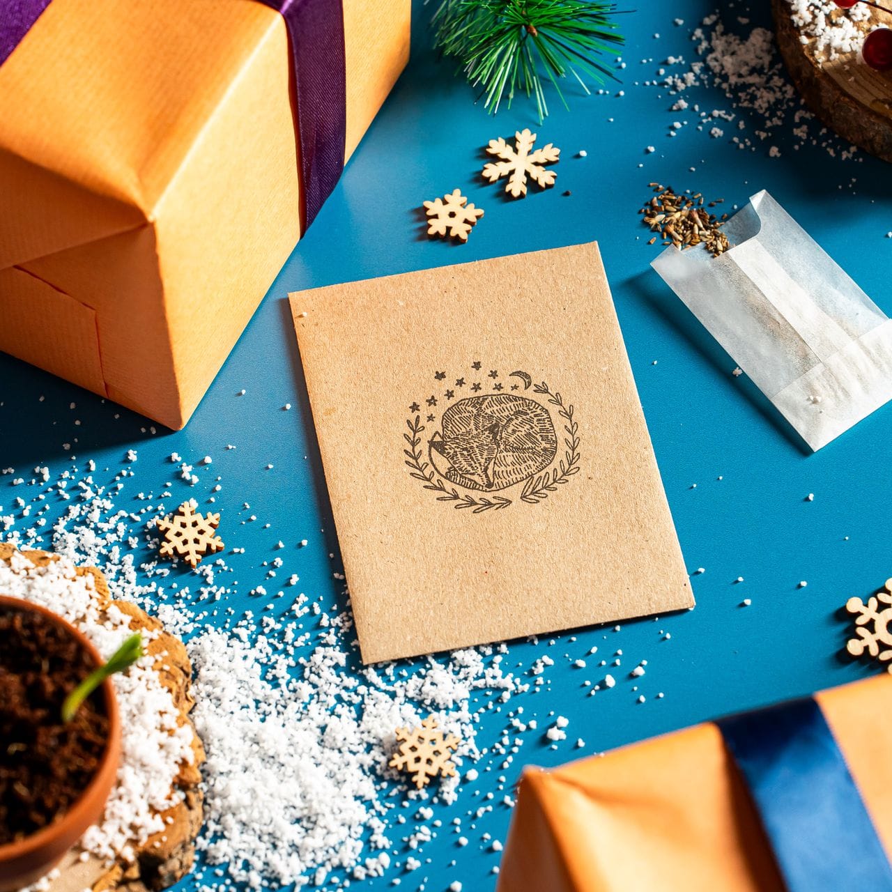 Alternative Christmas card seed packet with a fox design on the front