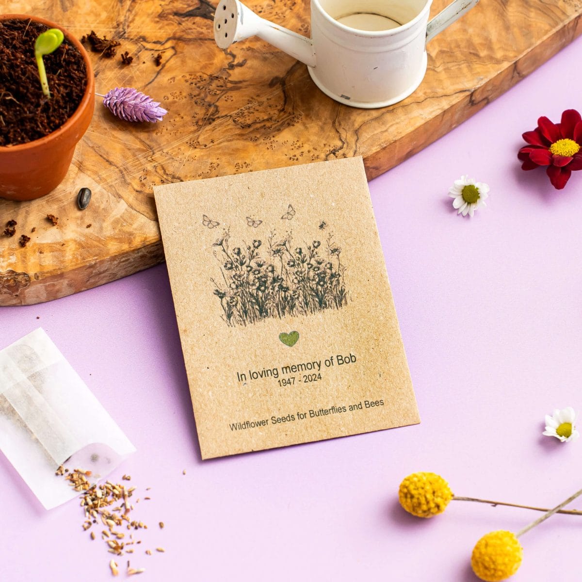 Wildflower seed packet memorial card with butterflies and bees tribute design