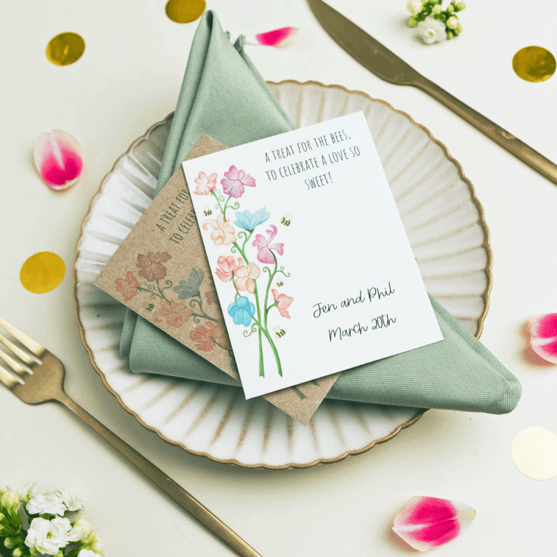 Personalised Sweet Pea Seed Packet Wedding Favour with sweet pea flowers and bees illustration
