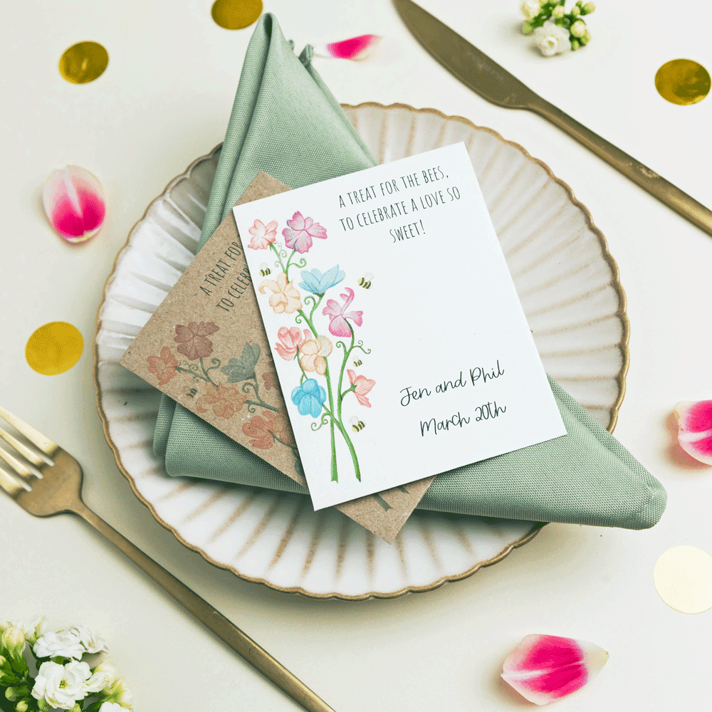 Personalised Sweet Pea Seed Packet Wedding Favour with sweet pea flowers and bees illustration