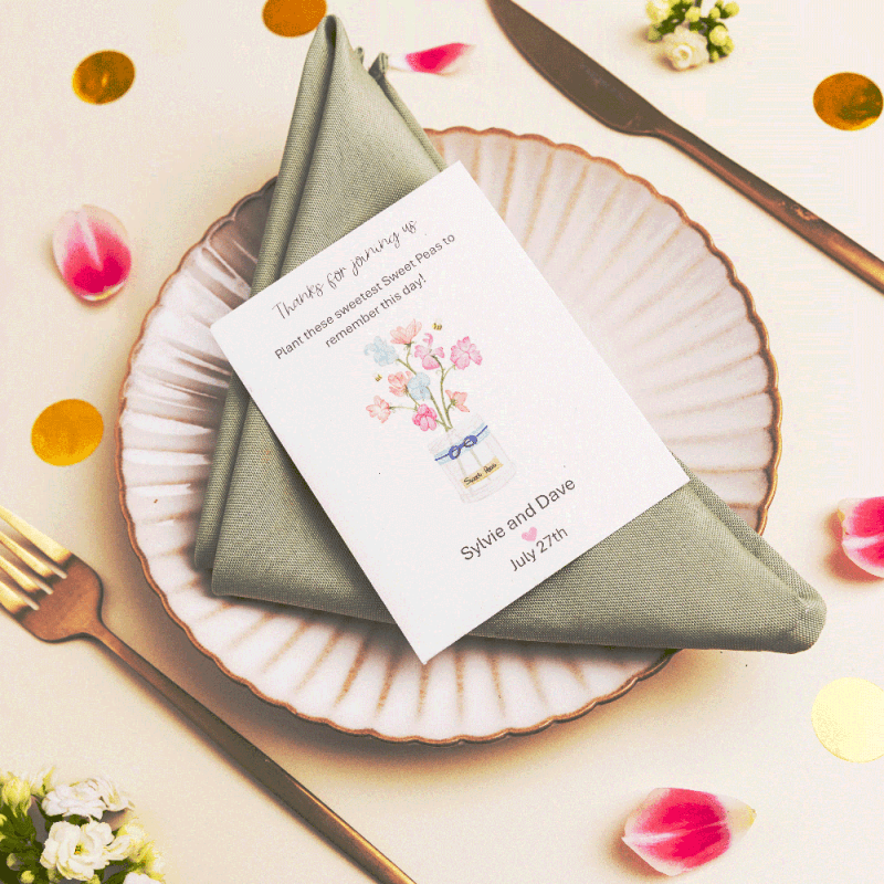 Seed packet wedding favour illustrated with Sweet Peas in mason jar