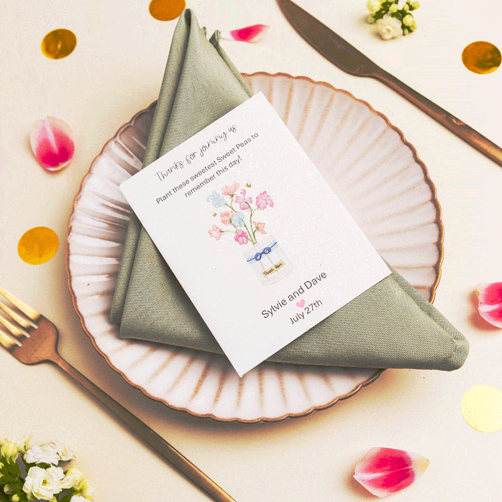 Seed packet wedding favour illustrated with Sweet Peas in mason jar